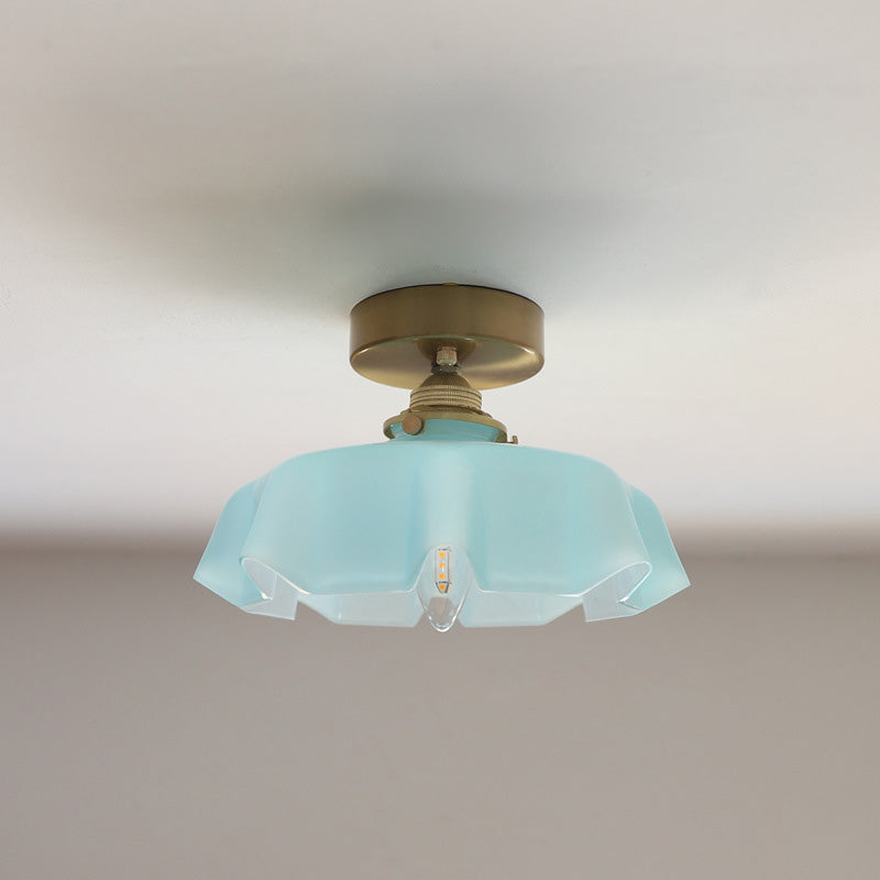 French Brass and Glass Round Semi-Flush Mount Ceiling Light - 1-Light Design for Hallways
