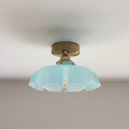 French Brass and Glass Round Semi-Flush Mount Ceiling Light - 1-Light Design for Hallways