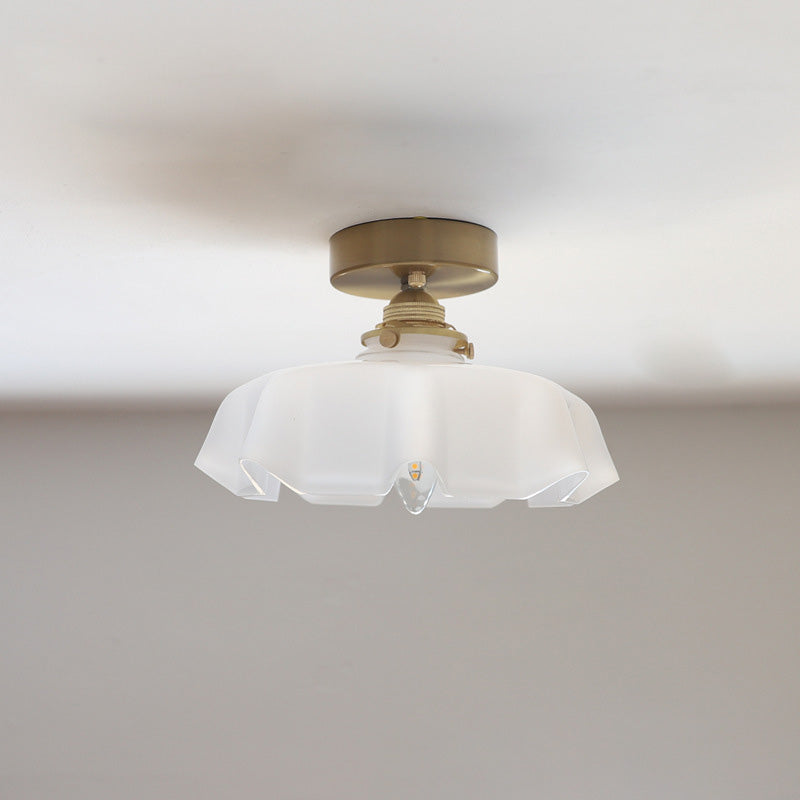 French Brass and Glass Round Semi-Flush Mount Ceiling Light - 1-Light Design for Hallways