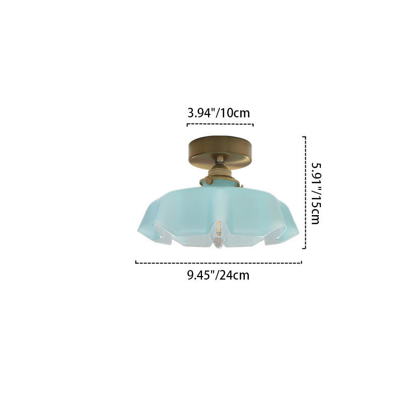 French Brass and Glass Round Semi-Flush Mount Ceiling Light - 1-Light Design for Hallways