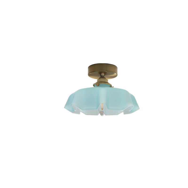 French Brass and Glass Round Semi-Flush Mount Ceiling Light - 1-Light Design for Hallways