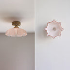 French Brass and Glass Round Semi-Flush Mount Ceiling Light - 1-Light Design for Hallways