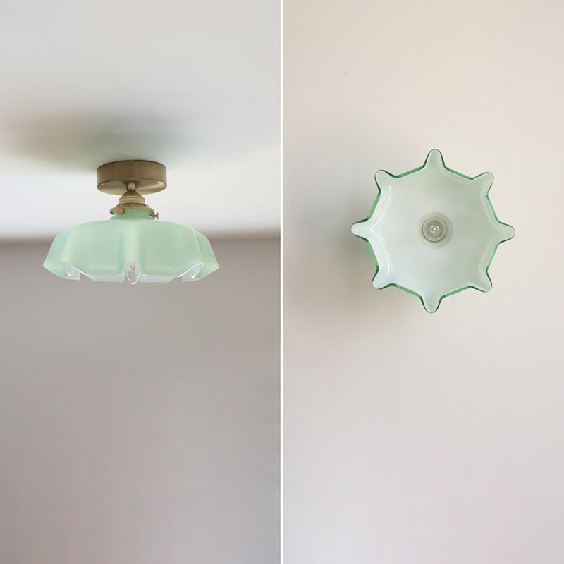 French Brass and Glass Round Semi-Flush Mount Ceiling Light - 1-Light Design for Hallways