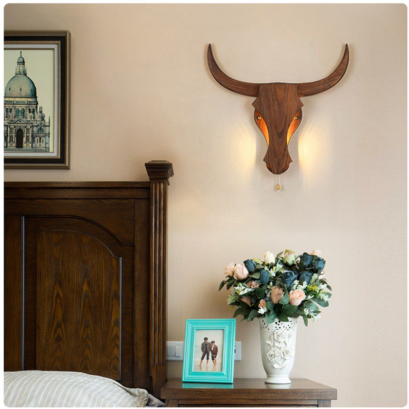 Rustic Solid Wood Cow Head LED Sconce