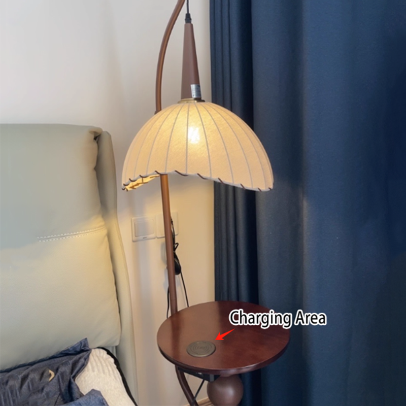 Modern Retro Wood and Iron Dome Floor Lamp with Fabric Shade - 1-Light for Living Room