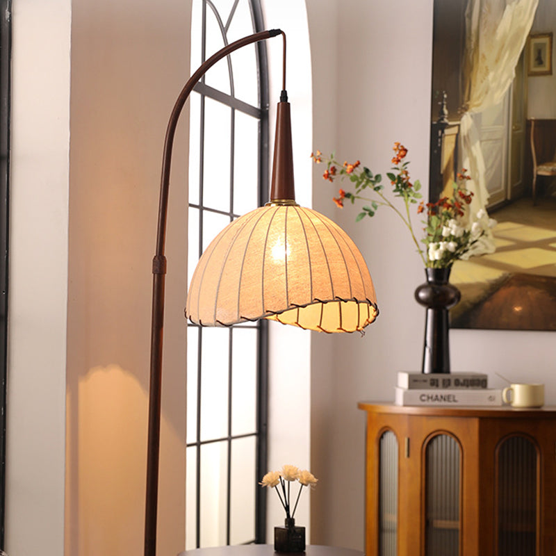 Modern Retro Wood and Iron Dome Floor Lamp with Fabric Shade - 1-Light for Living Room
