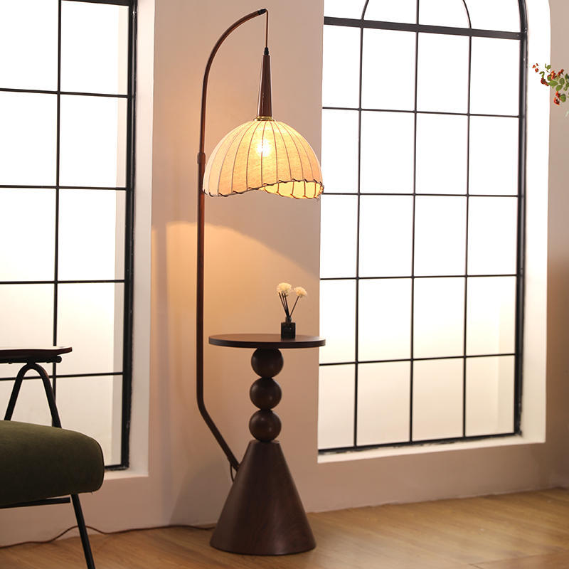 Modern Retro Wood and Iron Dome Floor Lamp with Fabric Shade - 1-Light for Living Room