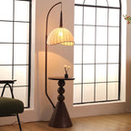 Modern Retro Wood and Iron Dome Floor Lamp with Fabric Shade - 1-Light for Living Room