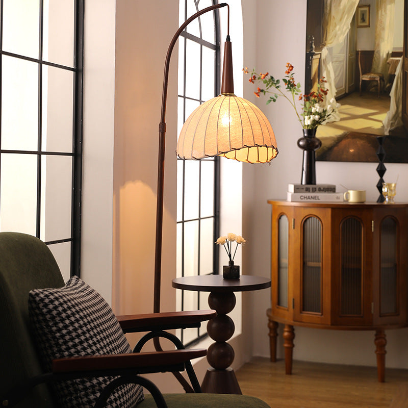 Modern Retro Wood and Iron Dome Floor Lamp with Fabric Shade - 1-Light for Living Room