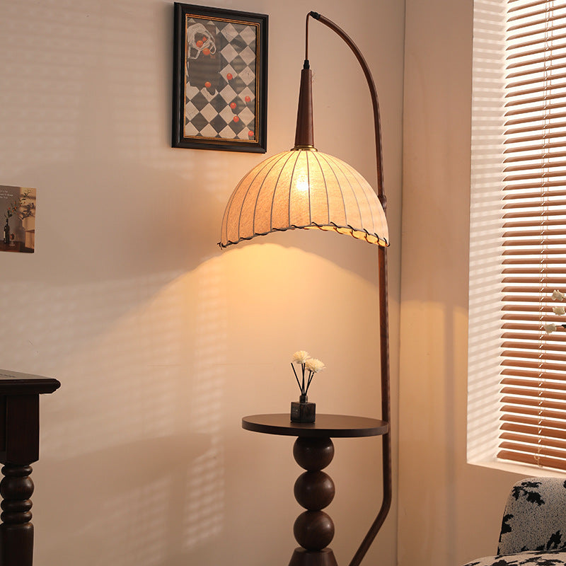 Modern Retro Wood and Iron Dome Floor Lamp with Fabric Shade - 1-Light for Living Room