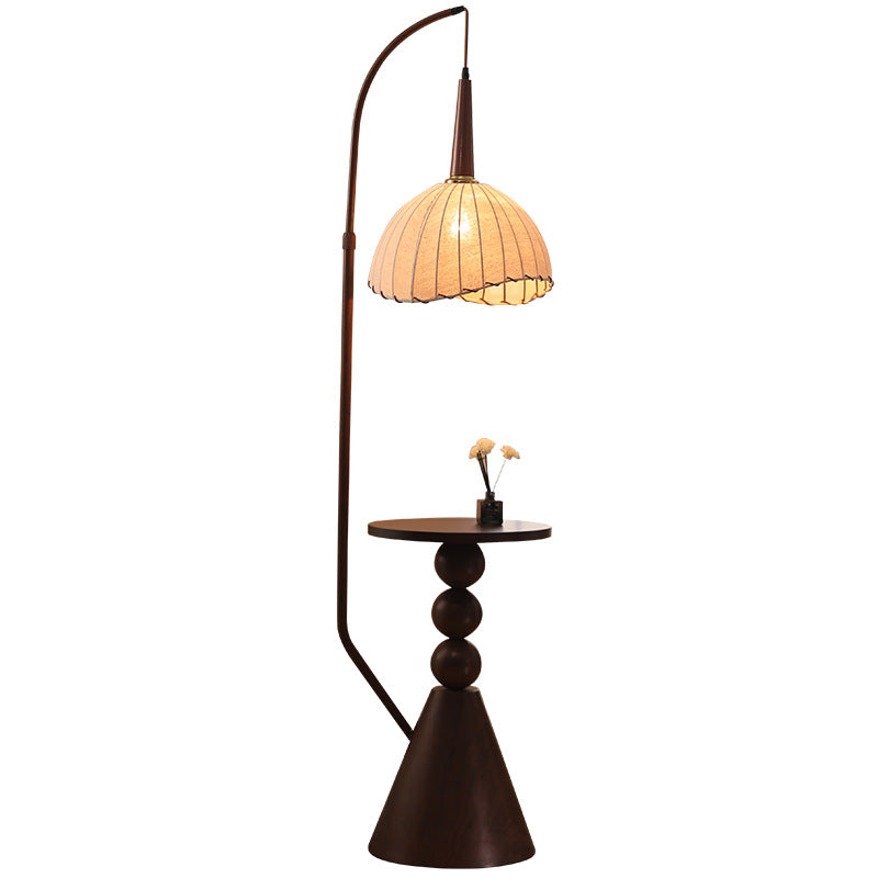 Modern Retro Wood and Iron Dome Floor Lamp with Fabric Shade - 1-Light for Living Room