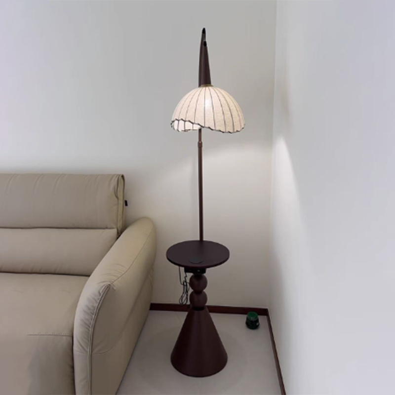 Modern Retro Wood and Iron Dome Floor Lamp with Fabric Shade - 1-Light for Living Room