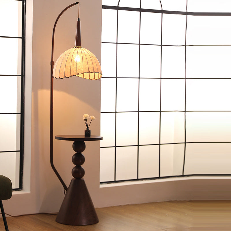 Modern Retro Wood and Iron Dome Floor Lamp with Fabric Shade - 1-Light for Living Room