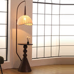 Modern Retro Wood and Iron Dome Floor Lamp with Fabric Shade - 1-Light for Living Room