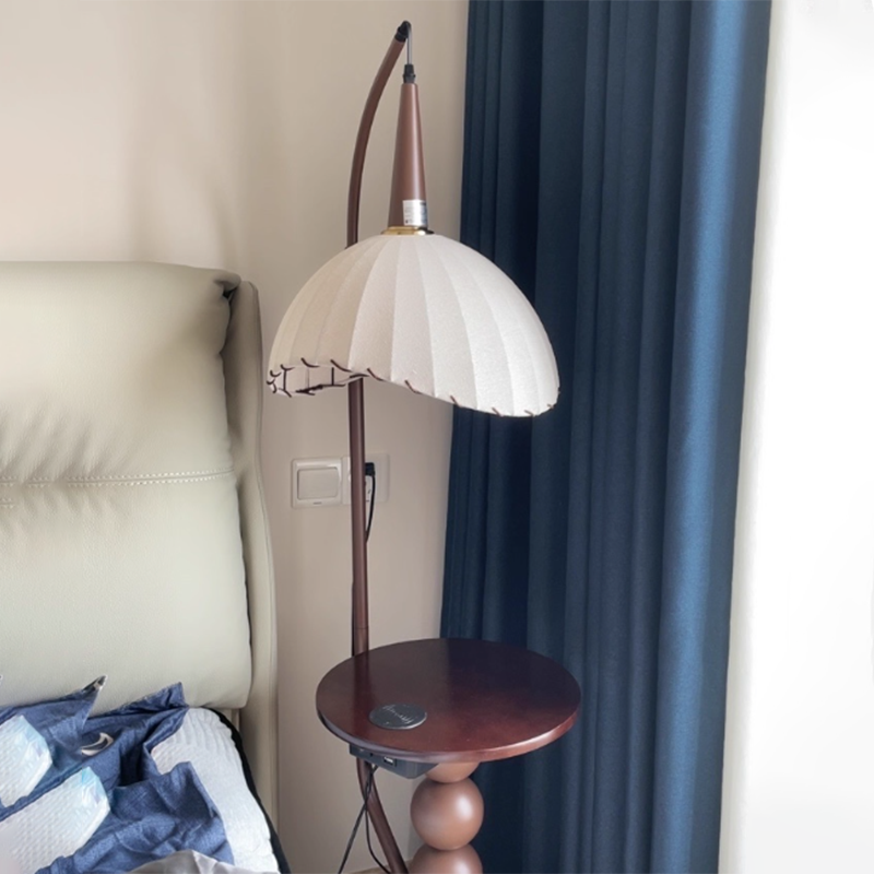 Modern Retro Wood and Iron Dome Floor Lamp with Fabric Shade - 1-Light for Living Room
