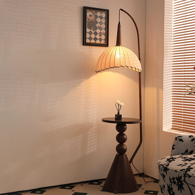Modern Retro Wood and Iron Dome Floor Lamp with Fabric Shade - 1-Light for Living Room