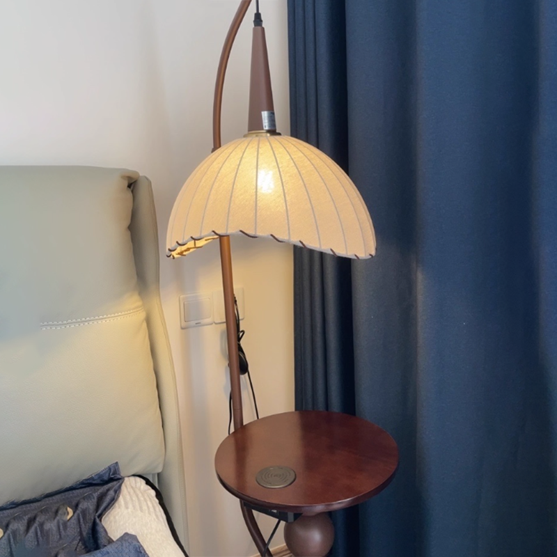 Modern Retro Wood and Iron Dome Floor Lamp with Fabric Shade - 1-Light for Living Room