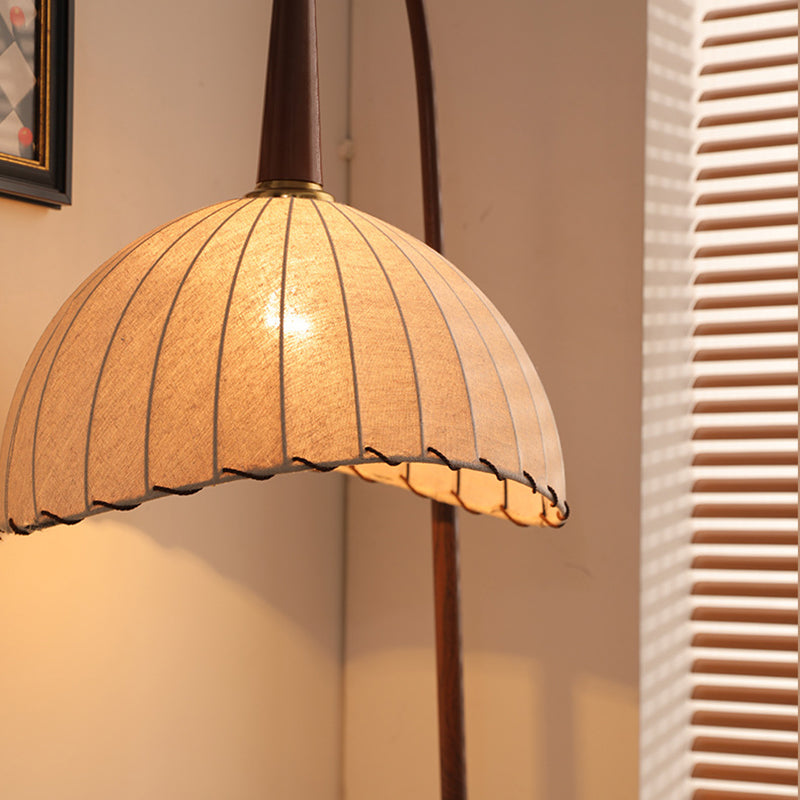Modern Retro Wood and Iron Dome Floor Lamp with Fabric Shade - 1-Light for Living Room