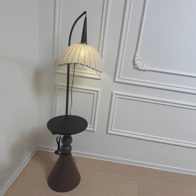 Modern Retro Wood and Iron Dome Floor Lamp with Fabric Shade - 1-Light for Living Room