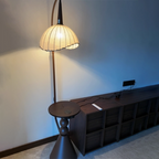 Modern Retro Wood and Iron Dome Floor Lamp with Fabric Shade - 1-Light for Living Room