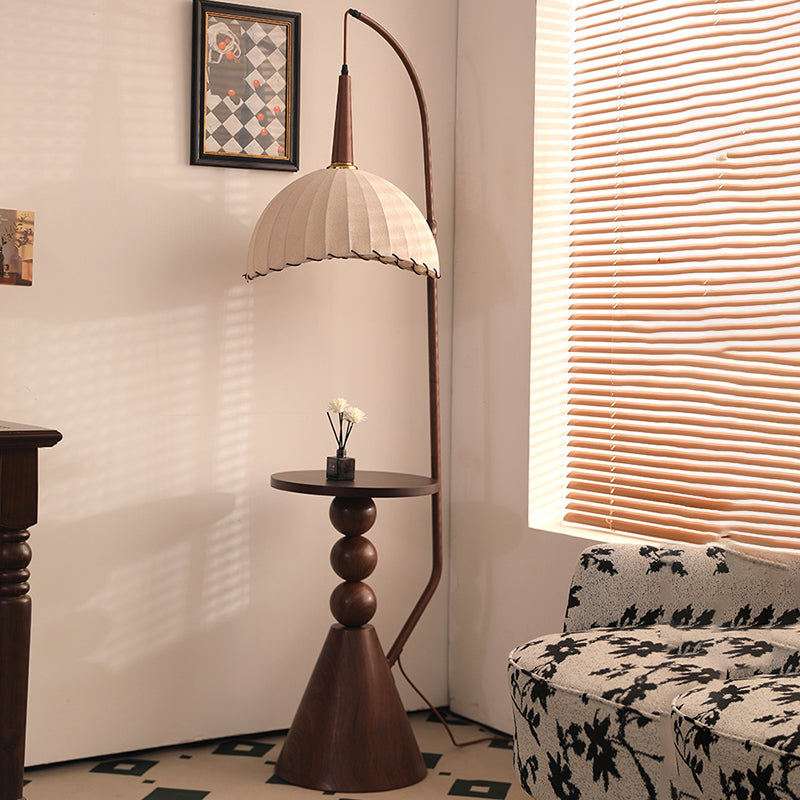 Modern Retro Wood and Iron Dome Floor Lamp with Fabric Shade - 1-Light for Living Room