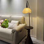 Modern Retro Wood and Iron Dome Floor Lamp with Fabric Shade - 1-Light for Living Room