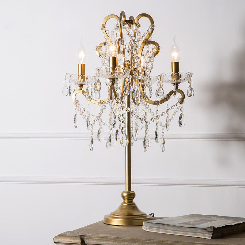 Vintage Iron and Glass Crystal 4-Light Table Lamp for Bedroom