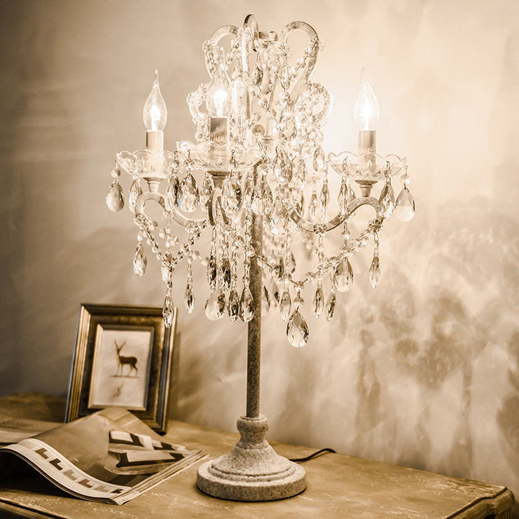 Vintage Iron and Glass Crystal 4-Light Table Lamp for Bedroom