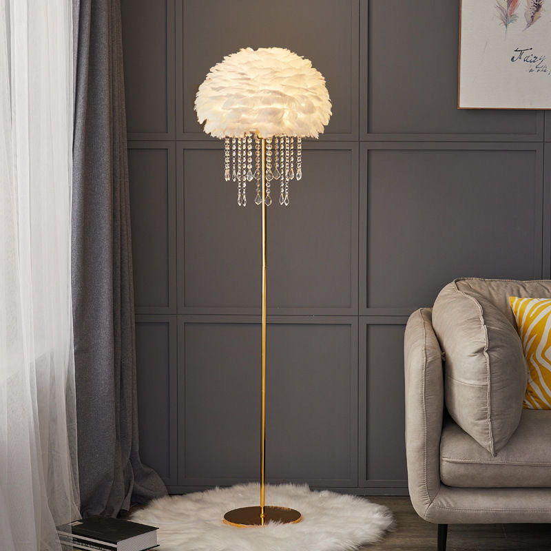 Nordic Iron Feather Crystal Oval Floor Lamp - 1-Light Design for Living Room