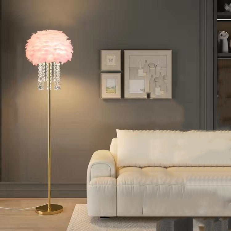 Nordic Iron Feather Crystal Oval Floor Lamp - 1-Light Design for Living Room