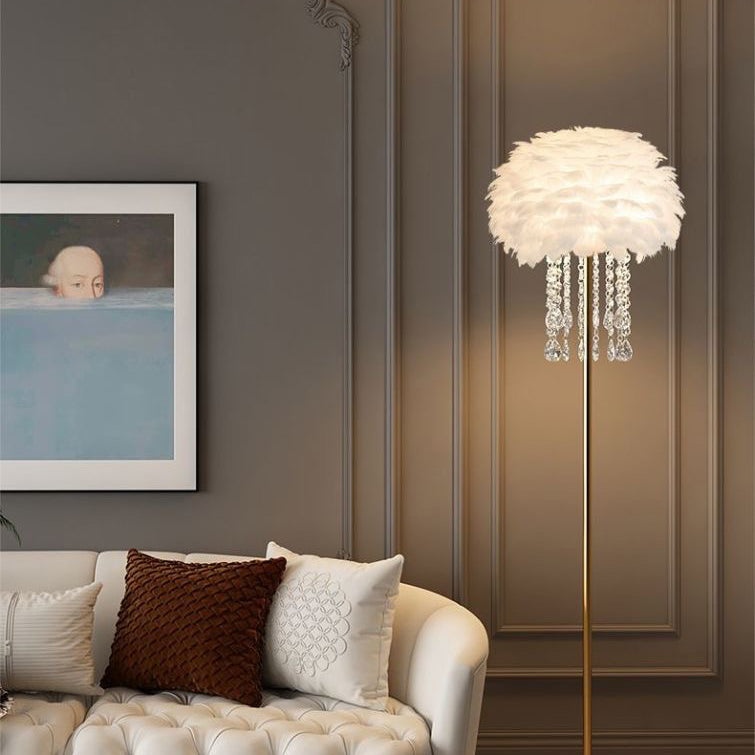 Nordic Iron Feather Crystal Oval Floor Lamp - 1-Light Design for Living Room