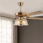 European Floral 5-Light Downrod Ceiling Fan Light - Iron, Wood, and Glass Design for Living Rooms