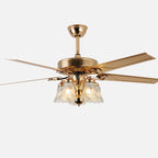European Floral 5-Light Downrod Ceiling Fan Light - Iron, Wood, and Glass Design for Living Rooms
