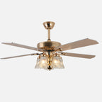 European Floral 5-Light Downrod Ceiling Fan Light - Iron, Wood, and Glass Design for Living Rooms