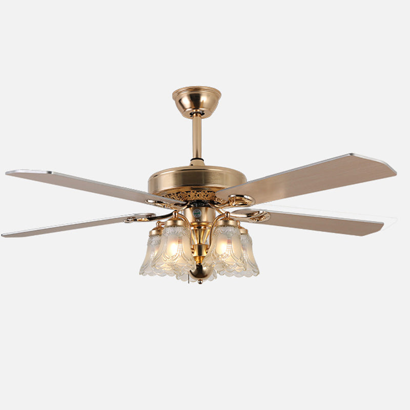 European Floral 5-Light Downrod Ceiling Fan Light - Iron, Wood, and Glass Design for Living Rooms