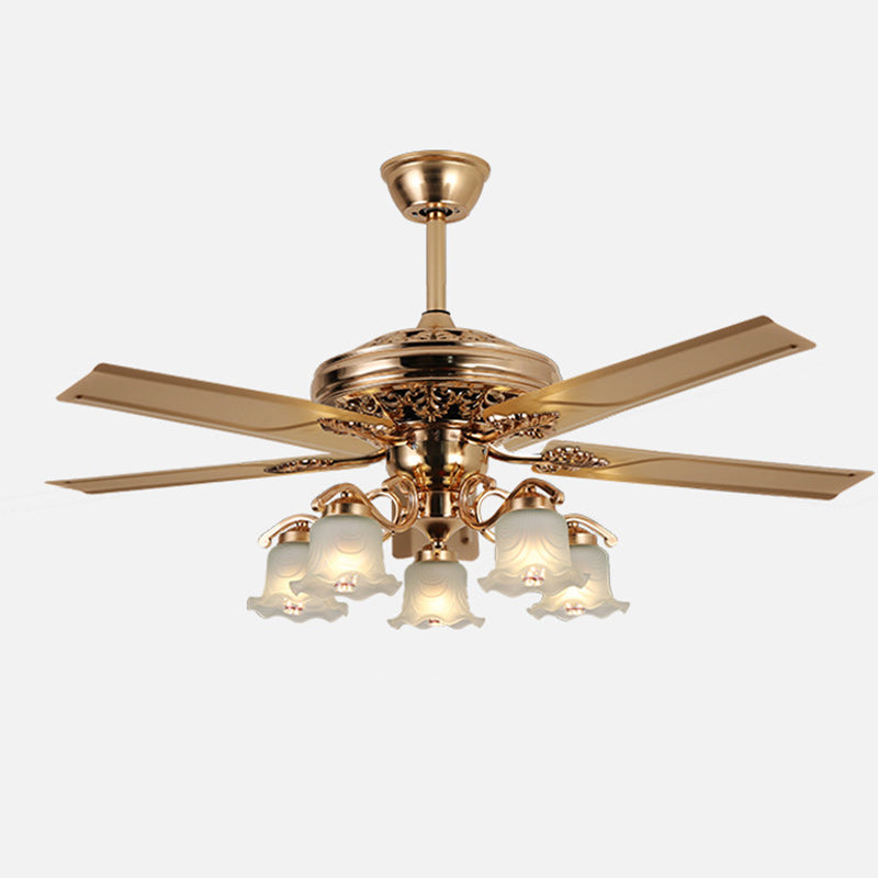 European Floral 5-Light Downrod Ceiling Fan Light - Iron, Wood, and Glass Design for Living Rooms