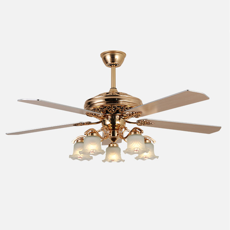 European Floral 5-Light Downrod Ceiling Fan Light - Iron, Wood, and Glass Design for Living Rooms