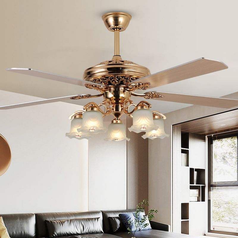 European Floral 5-Light Downrod Ceiling Fan Light - Iron, Wood, and Glass Design for Living Rooms