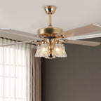 European Floral 5-Light Downrod Ceiling Fan Light - Iron, Wood, and Glass Design for Living Rooms