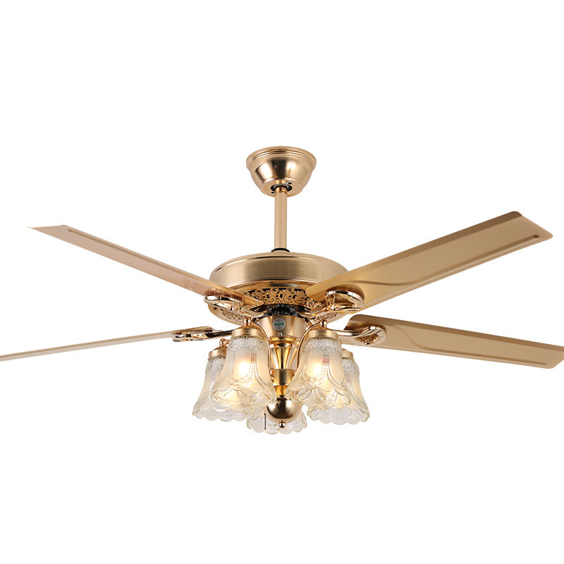 European Floral 5-Light Downrod Ceiling Fan Light - Iron, Wood, and Glass Design for Living Rooms