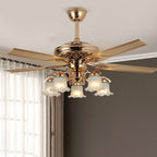 European Floral 5-Light Downrod Ceiling Fan Light - Iron, Wood, and Glass Design for Living Rooms