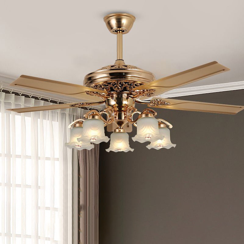 European Floral 5-Light Downrod Ceiling Fan Light - Iron, Wood, and Glass Design for Living Rooms