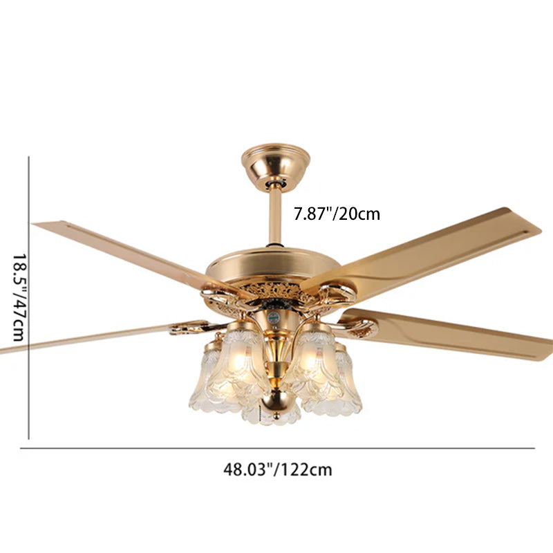 European Floral 5-Light Downrod Ceiling Fan Light - Iron, Wood, and Glass Design for Living Rooms