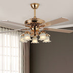 European Floral 5-Light Downrod Ceiling Fan Light - Iron, Wood, and Glass Design for Living Rooms