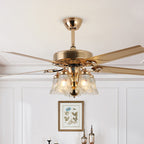 European Floral 5-Light Downrod Ceiling Fan Light - Iron, Wood, and Glass Design for Living Rooms