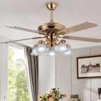 European Floral 5-Light Downrod Ceiling Fan Light - Iron, Wood, and Glass Design for Living Rooms