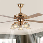 European Floral 5-Light Downrod Ceiling Fan Light - Iron, Wood, and Glass Design for Living Rooms