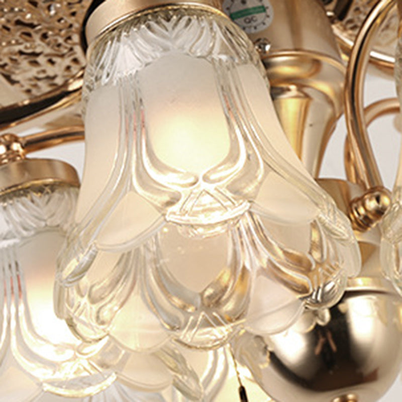 European Floral 5-Light Downrod Ceiling Fan Light - Iron, Wood, and Glass Design for Living Rooms