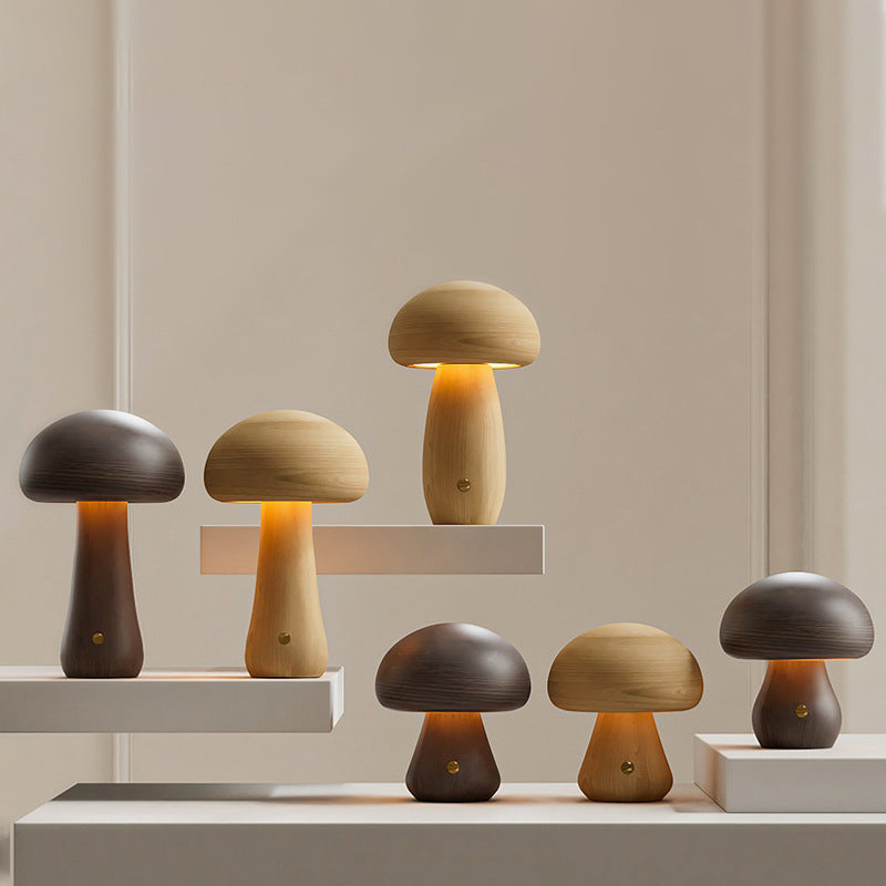 Scandinavian Solid Wood Mushroom LED Table Lamp - Rechargeable Night Light for Bedside