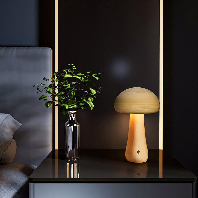 Scandinavian Solid Wood Mushroom LED Table Lamp - Rechargeable Night Light for Bedside